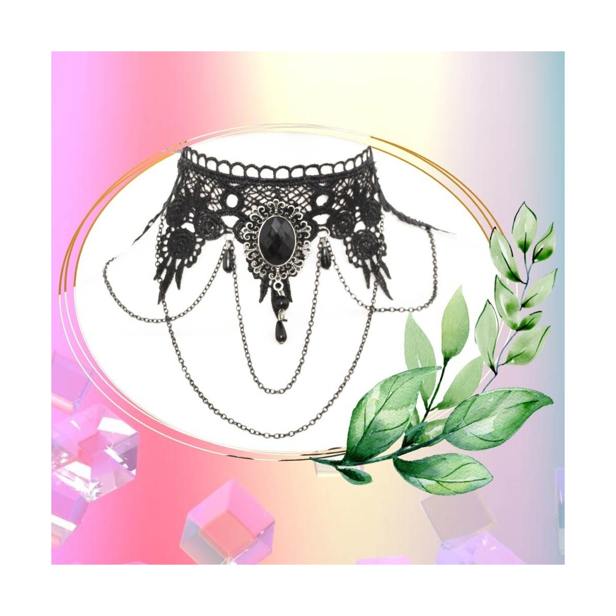 Collier gothique dentelle,  ornée de strass