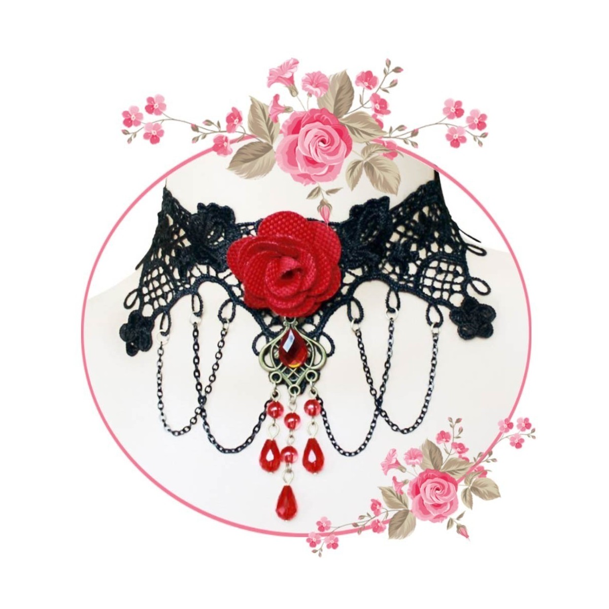 Collier gothique dentelle et perles, avec une rose