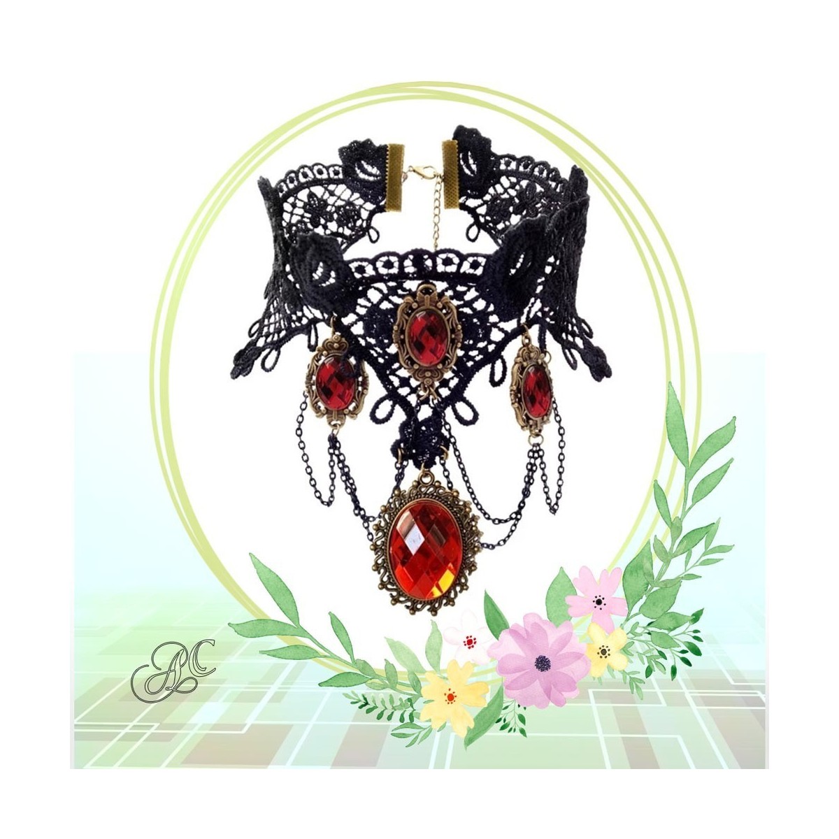 Ras de cou gothique dentelle et strass rouge
