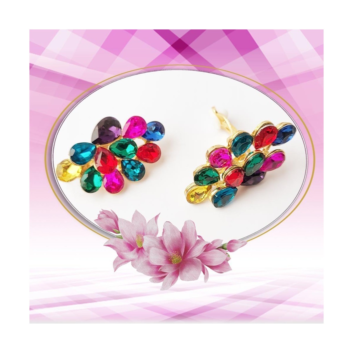 Boucles d'oreilles clips, ornée de strass multicolore Boucles d'oreilles clips, ornée de strass multicolore