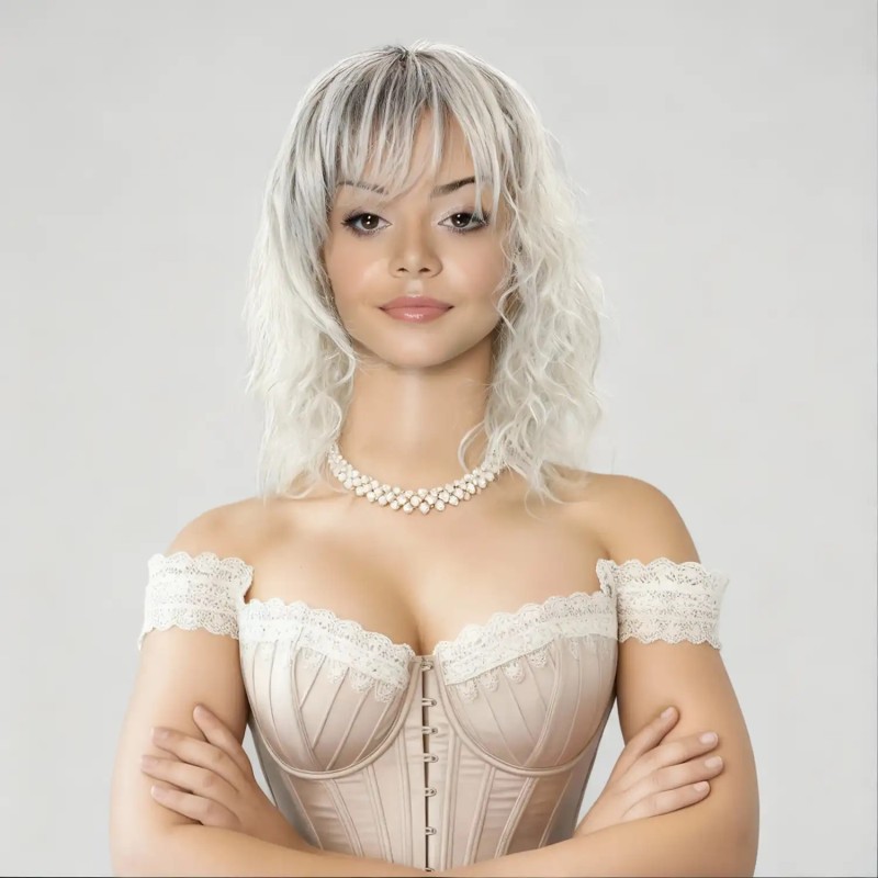 Perruque Mi-Longue Ondulée Gris Méché Frange Racines Foncées