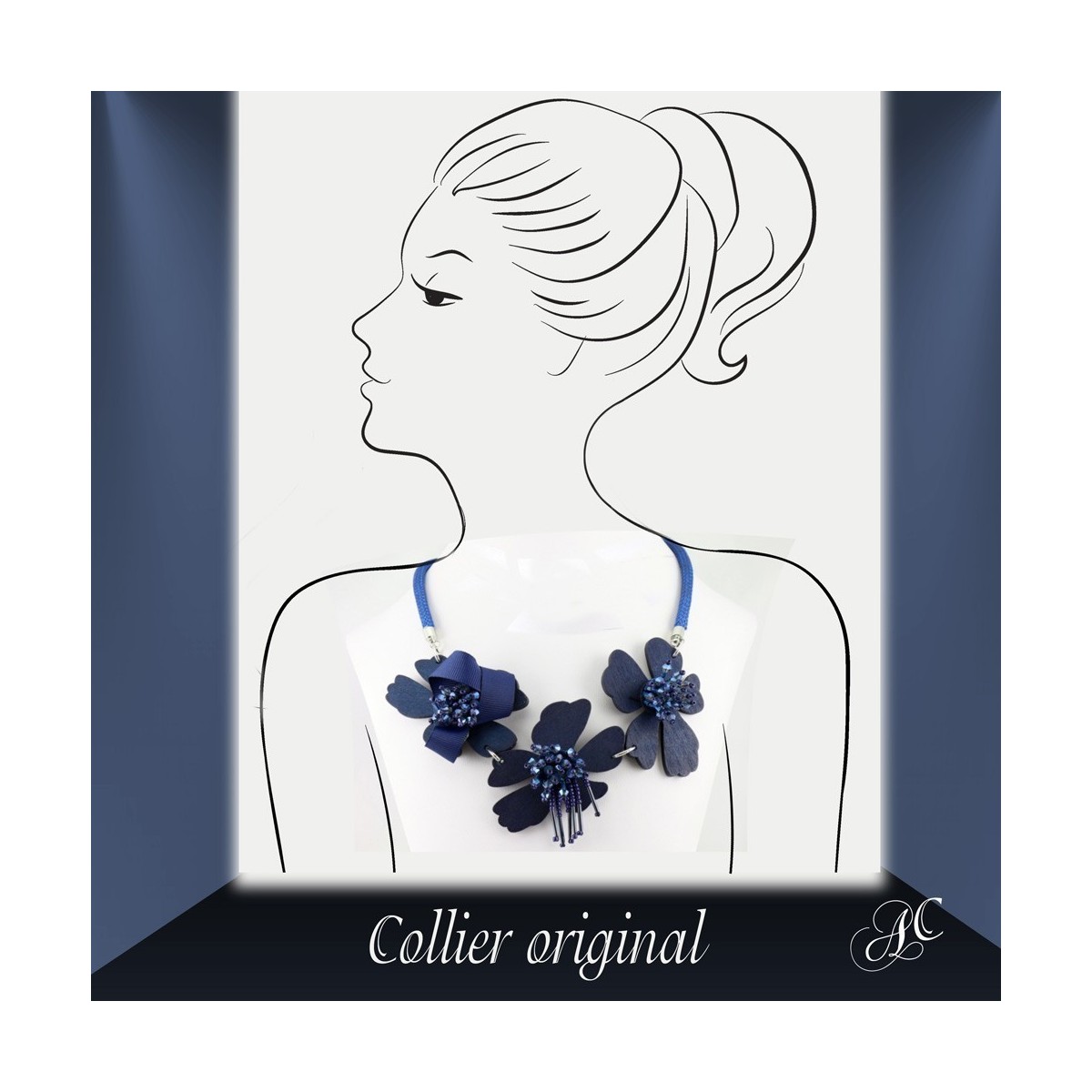 Collier original, fleurs de bois et perles de rocaille Collier original, fleurs de bois et perles de rocaille